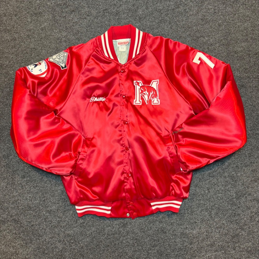 Vintage Hartwell Varsity Jacket Red Satin Maryland Football Phillip Medium 90s